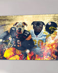 Custom canvas featuring two pets as Pittsburgh Steelers football players with fiery effects.