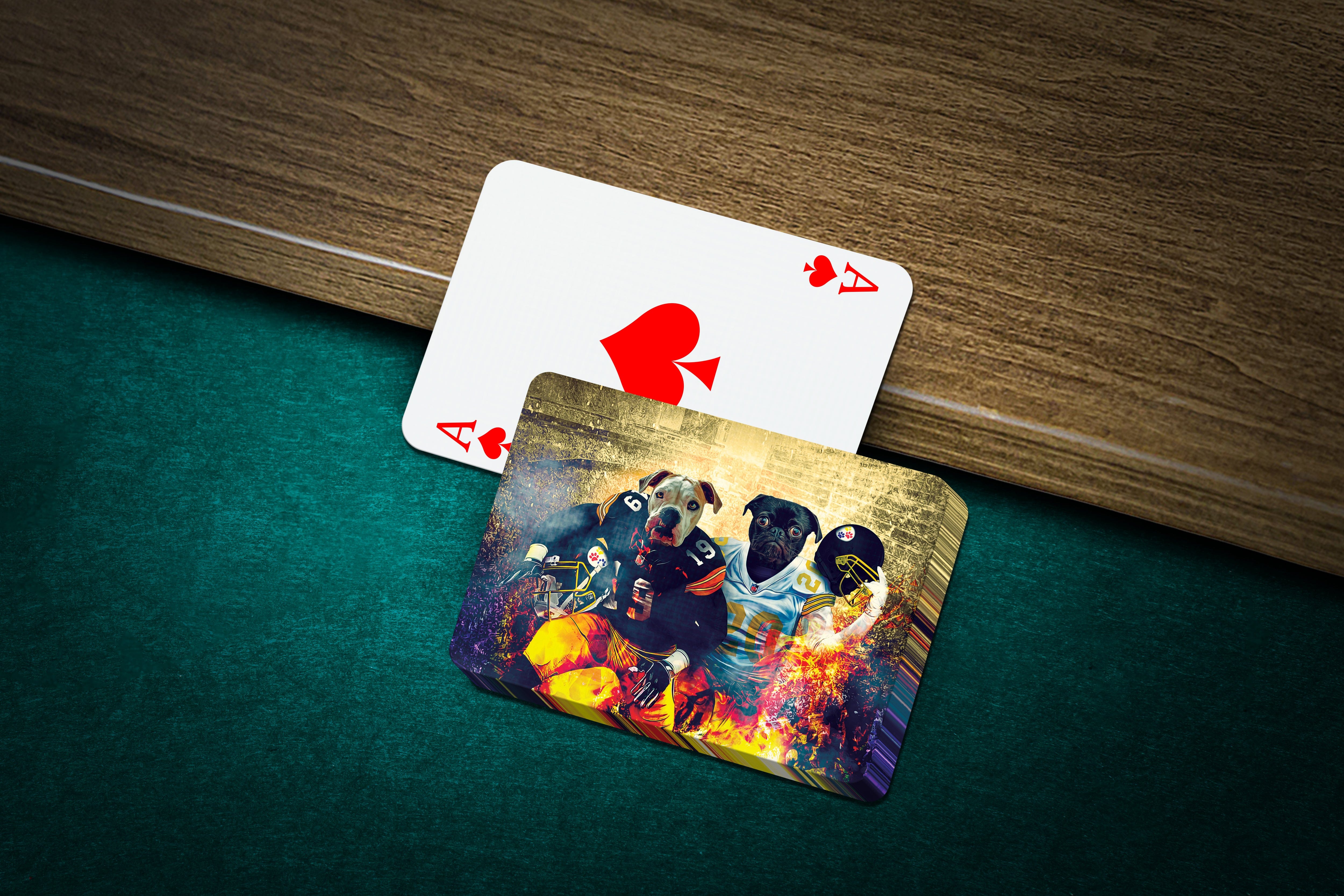 Custom personalized playing cards featuring two dogs in Pittsburgh football uniforms.