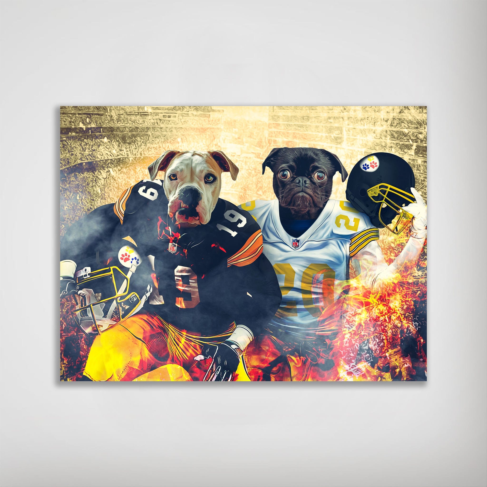 Personalized 'Pittsburgh Doggos' poster featuring two pets in football uniforms with a fiery background.