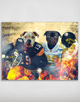 Personalized 'Pittsburgh Doggos' poster featuring two pets in football uniforms with a fiery background.