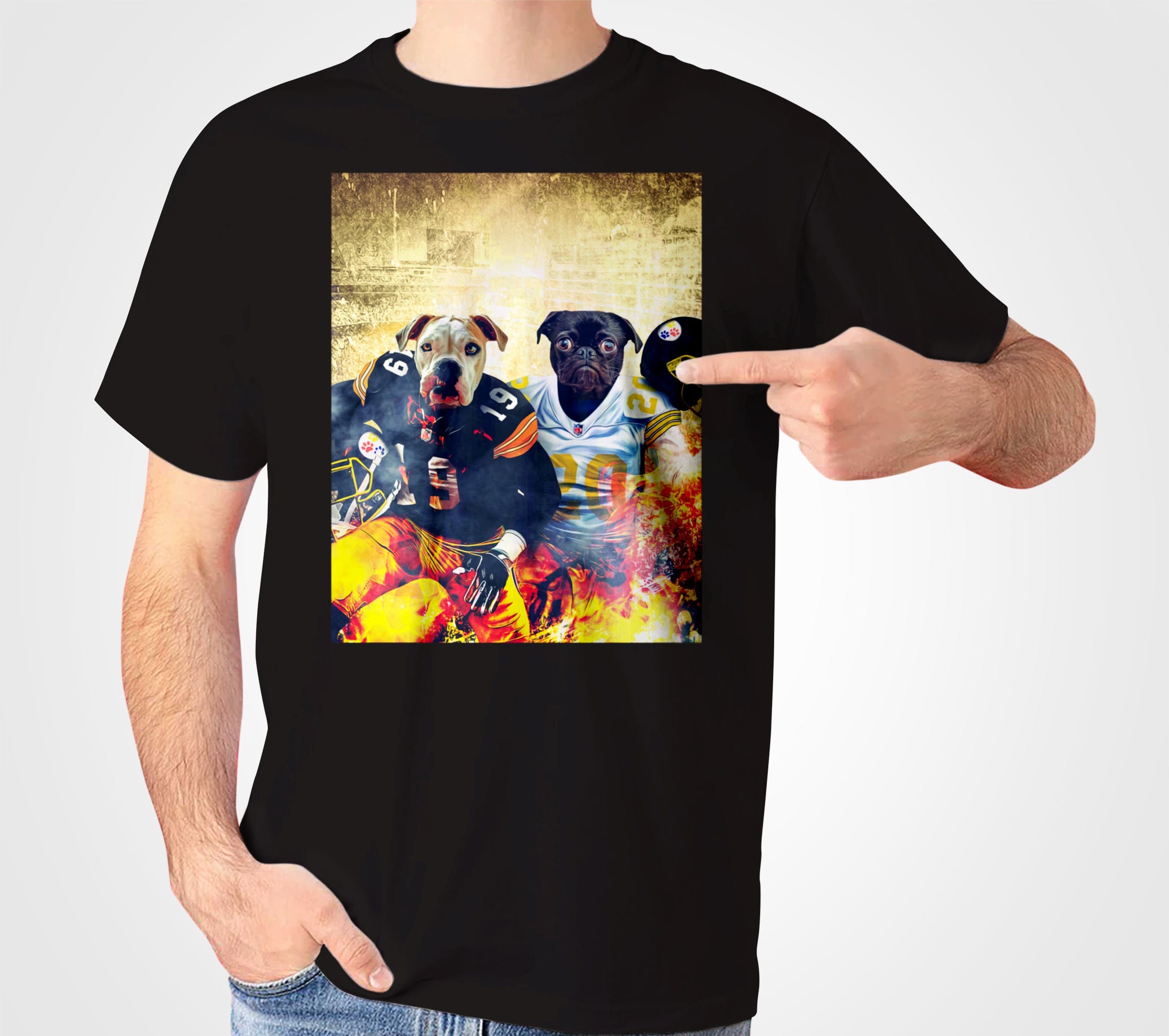 Black Gildan t-shirt with two personalized pets, a pitbull and a pug, in Pittsburgh Steelers football jerseys.