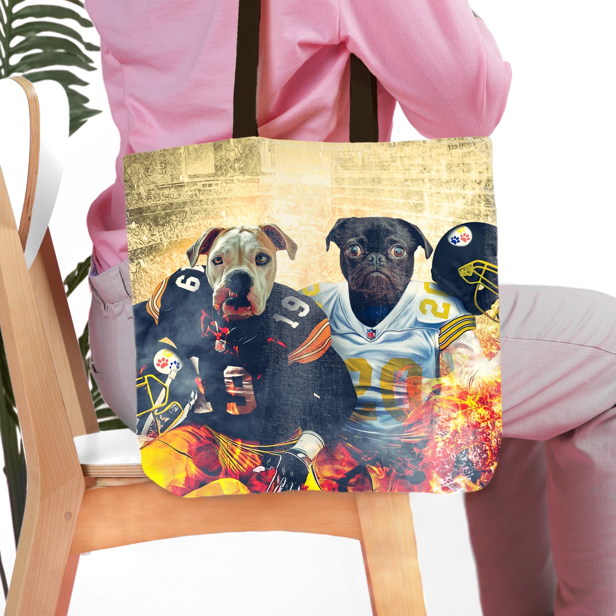Personalized two-pet tote bag featuring a bulldog and pug in Pittsburgh Steelers football uniforms.