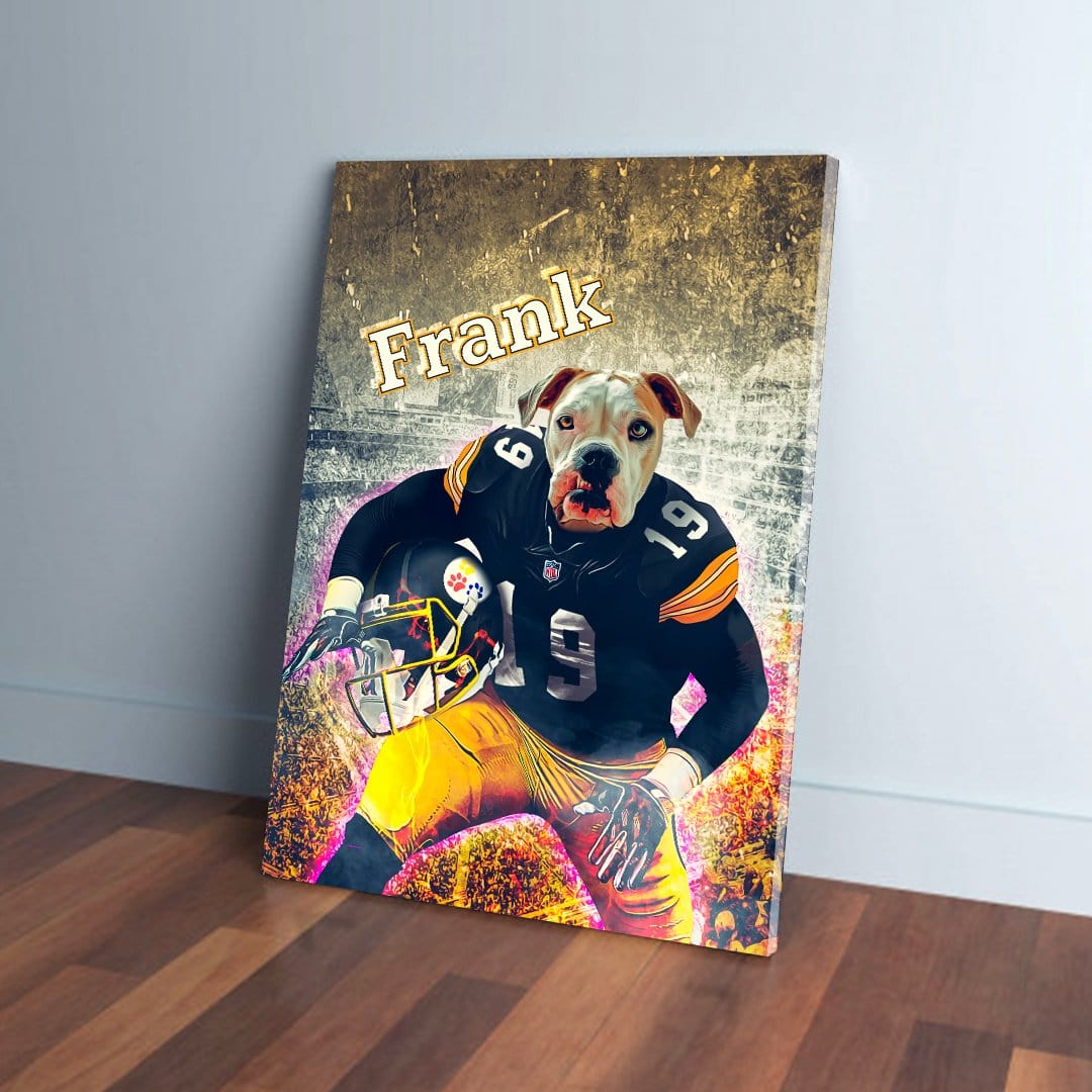 Personalized dog canvas featuring a bulldog in a black and yellow football uniform with "Frank" above.