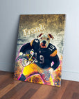 Personalized dog canvas featuring a bulldog in a black and yellow football uniform with "Frank" above.