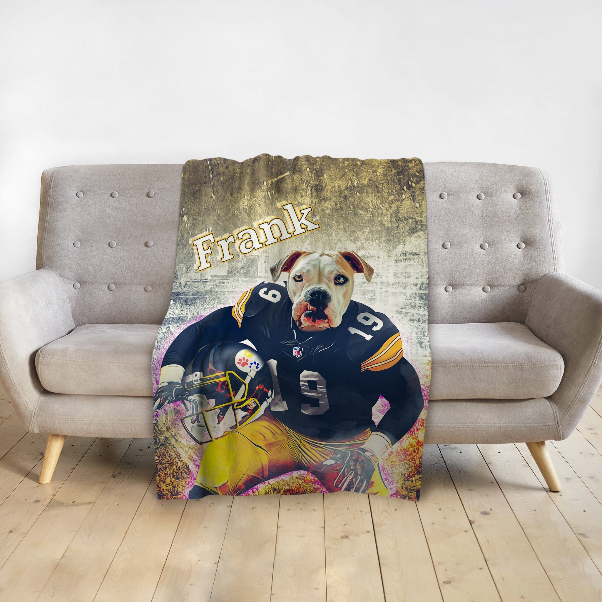 Personalized pet blanket with a custom dog portrait in a football uniform, named Frank.
