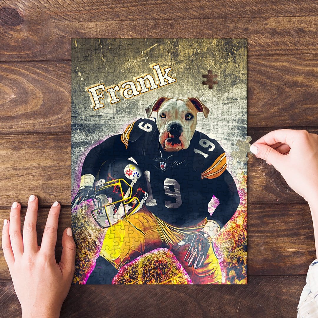Personalized Pittsburgh Doggos pet puzzle featuring a dog's head on a football player's body.
