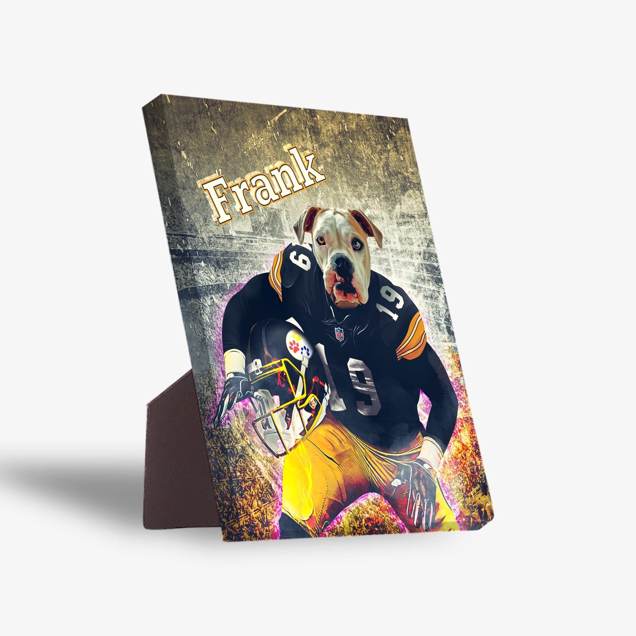 Personalized pet standing canvas featuring a bulldog in a black and yellow Pittsburgh Doggos football uniform.