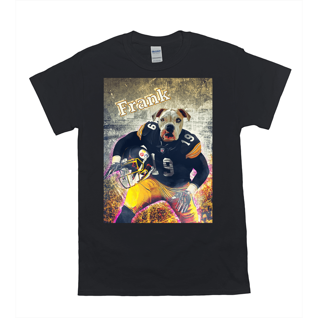 Black Gildan t-shirt with a personalized graphic of a bulldog in a Steelers football uniform, named "Frank.