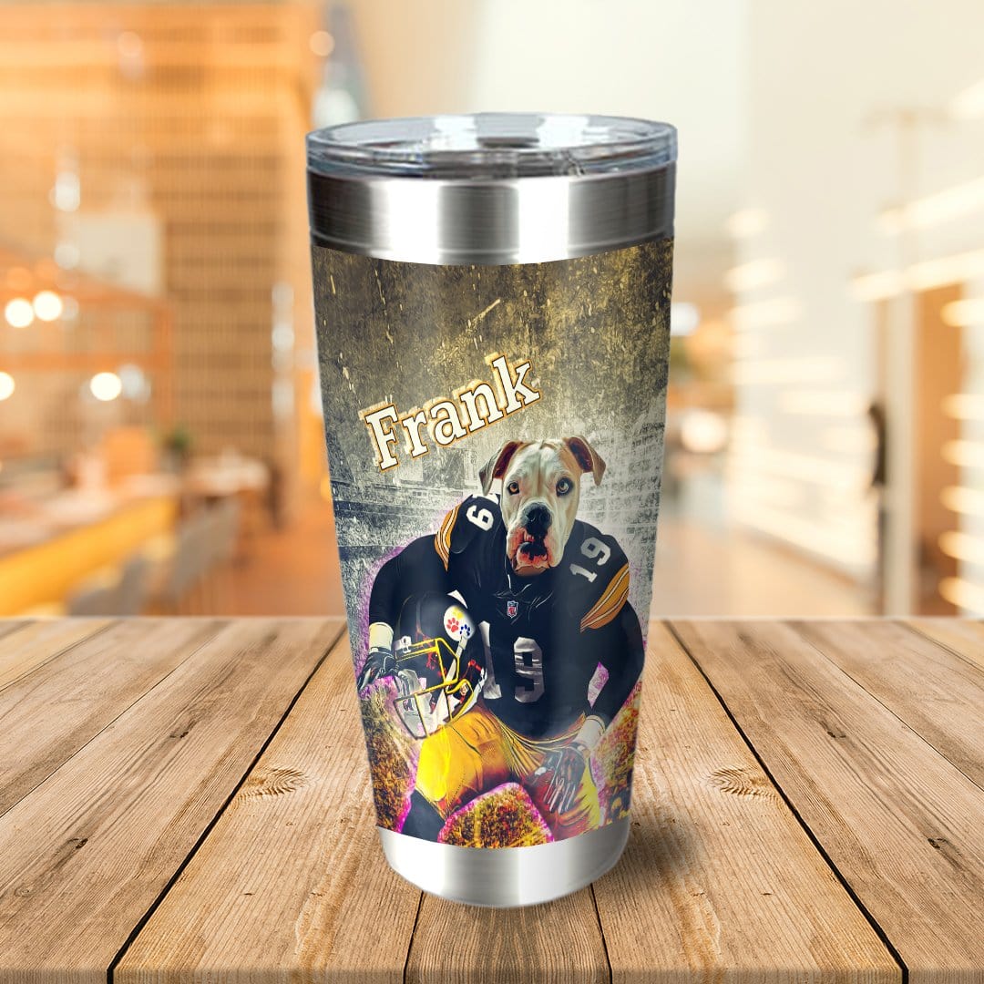 Personalized stainless steel tumbler with a custom dog portrait in a Pittsburgh Steelers uniform.
