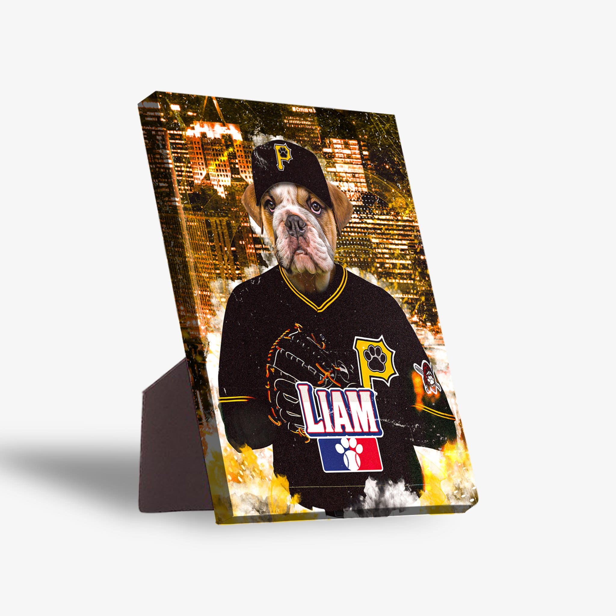 Personalized Pittsburgh Pawrates pet standing canvas featuring a bulldog in a black baseball uniform and cap.