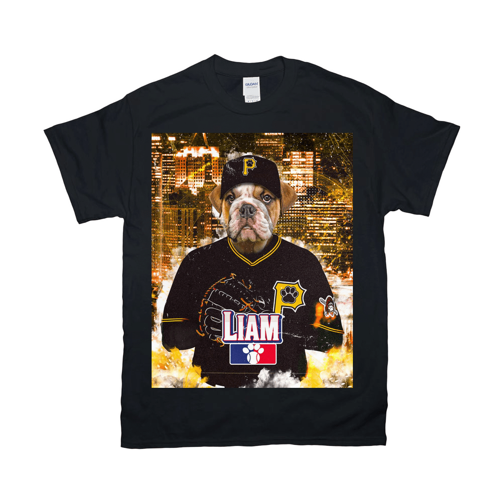 Black Gildan t-shirt featuring a bulldog in a personalized "Pittsburgh Pawrates" baseball uniform.