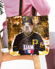 Personalized 'Pittsburgh Pawrates' tote bag with a custom bulldog pet portrait in a baseball uniform.