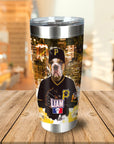 Personalized stainless steel tumbler with a custom bulldog pet portrait in a baseball uniform.