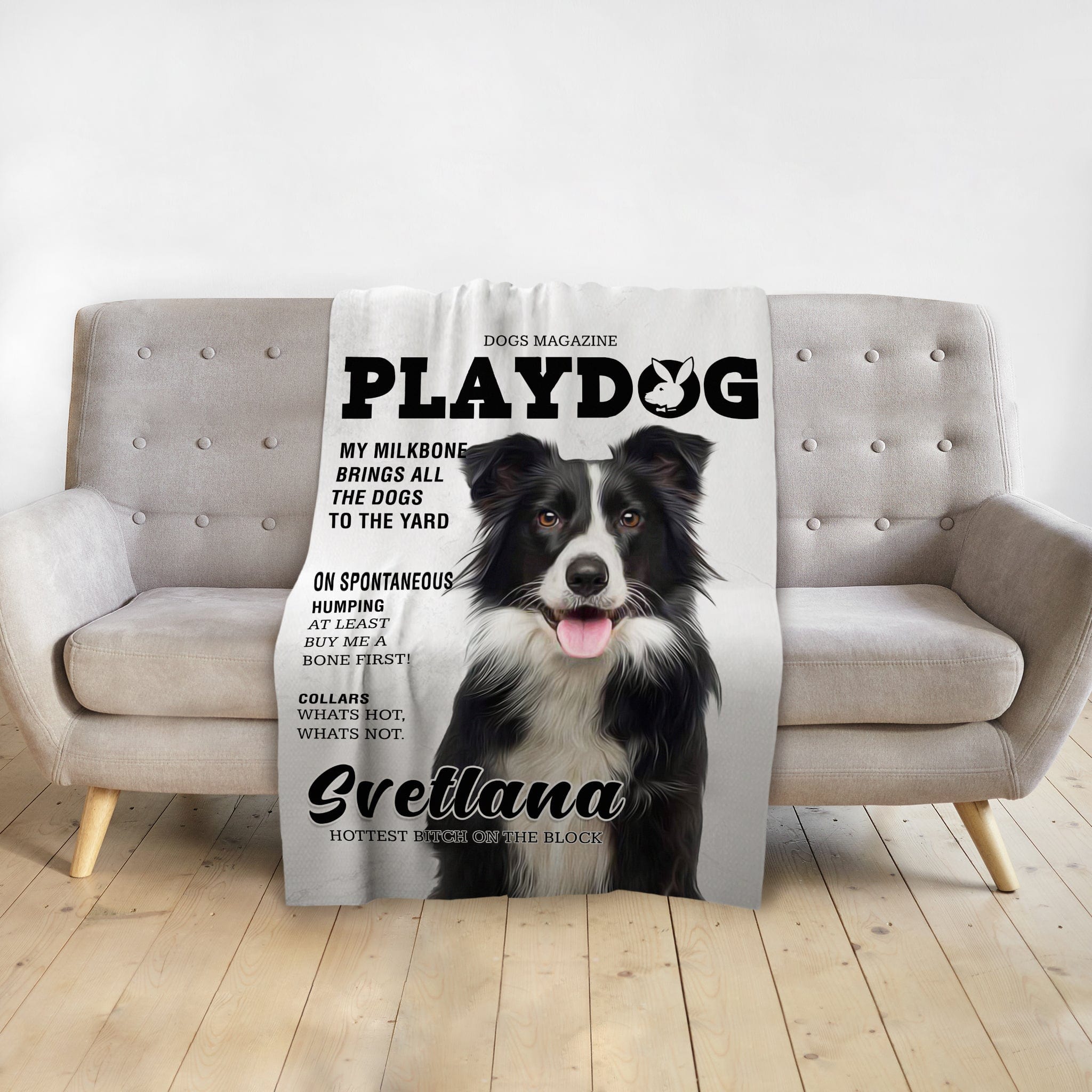 Personalized Playdog magazine cover pet blanket featuring a black and white Border Collie.