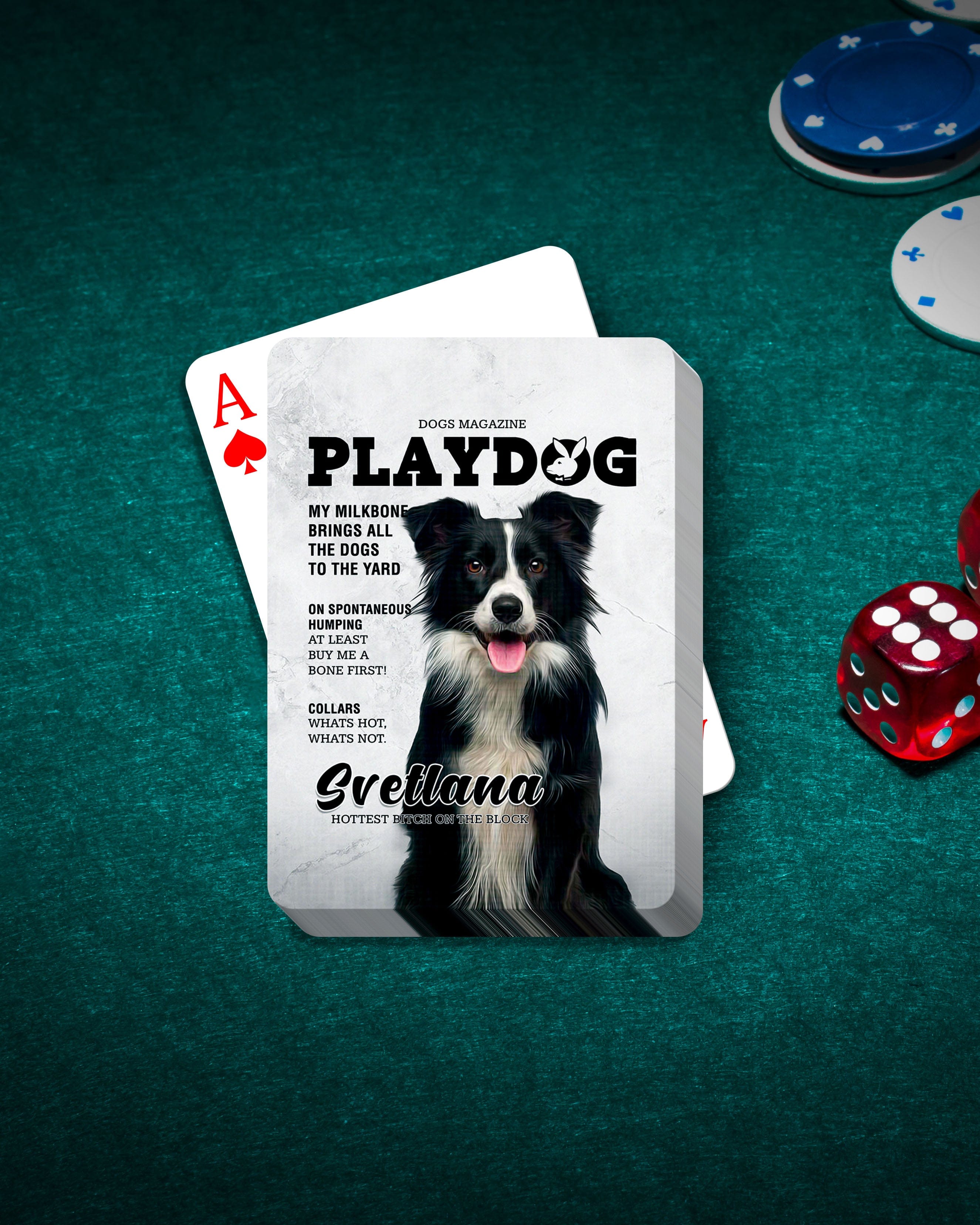 Custom playing cards featuring a personalized black and white border collie pet portrait on a green poker table.