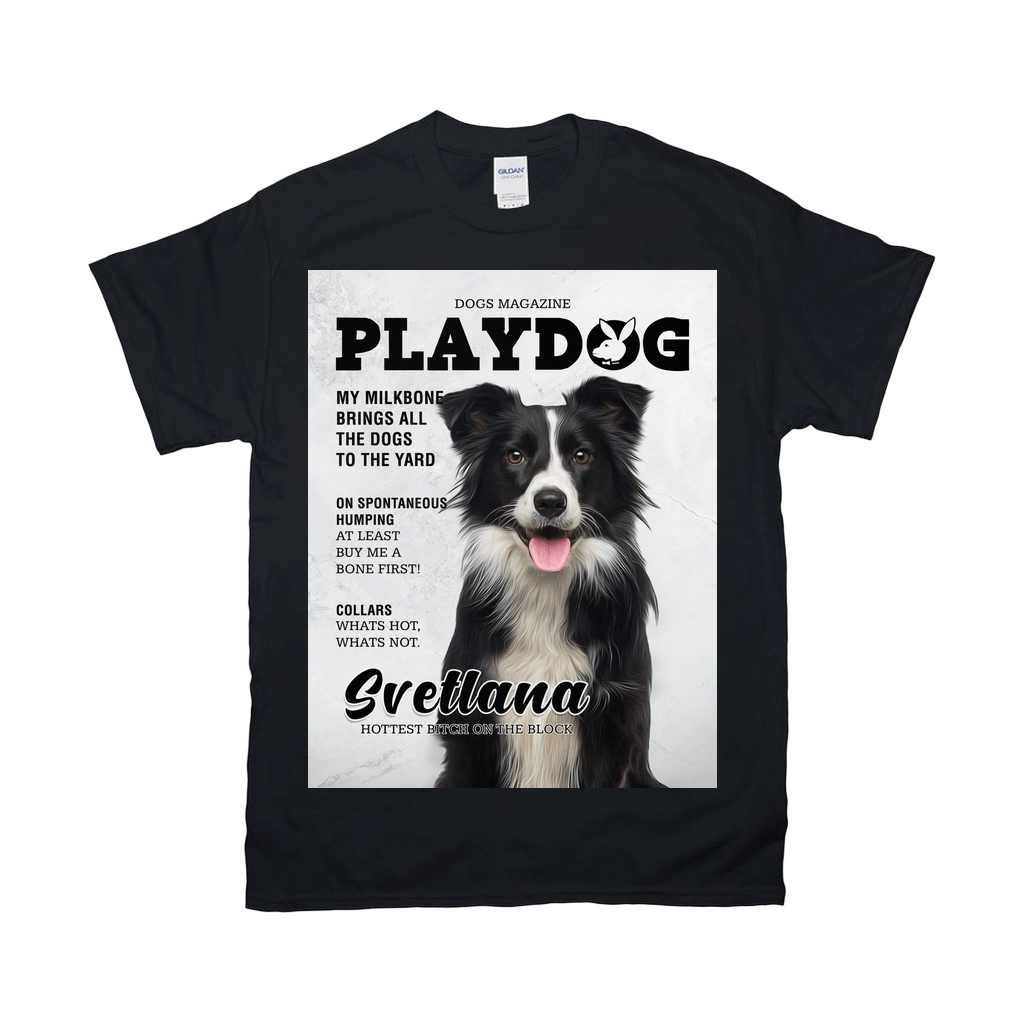 Black Gildan unisex t-shirt featuring a personalized "Playdog" magazine cover design with a black and white Border Collie.
