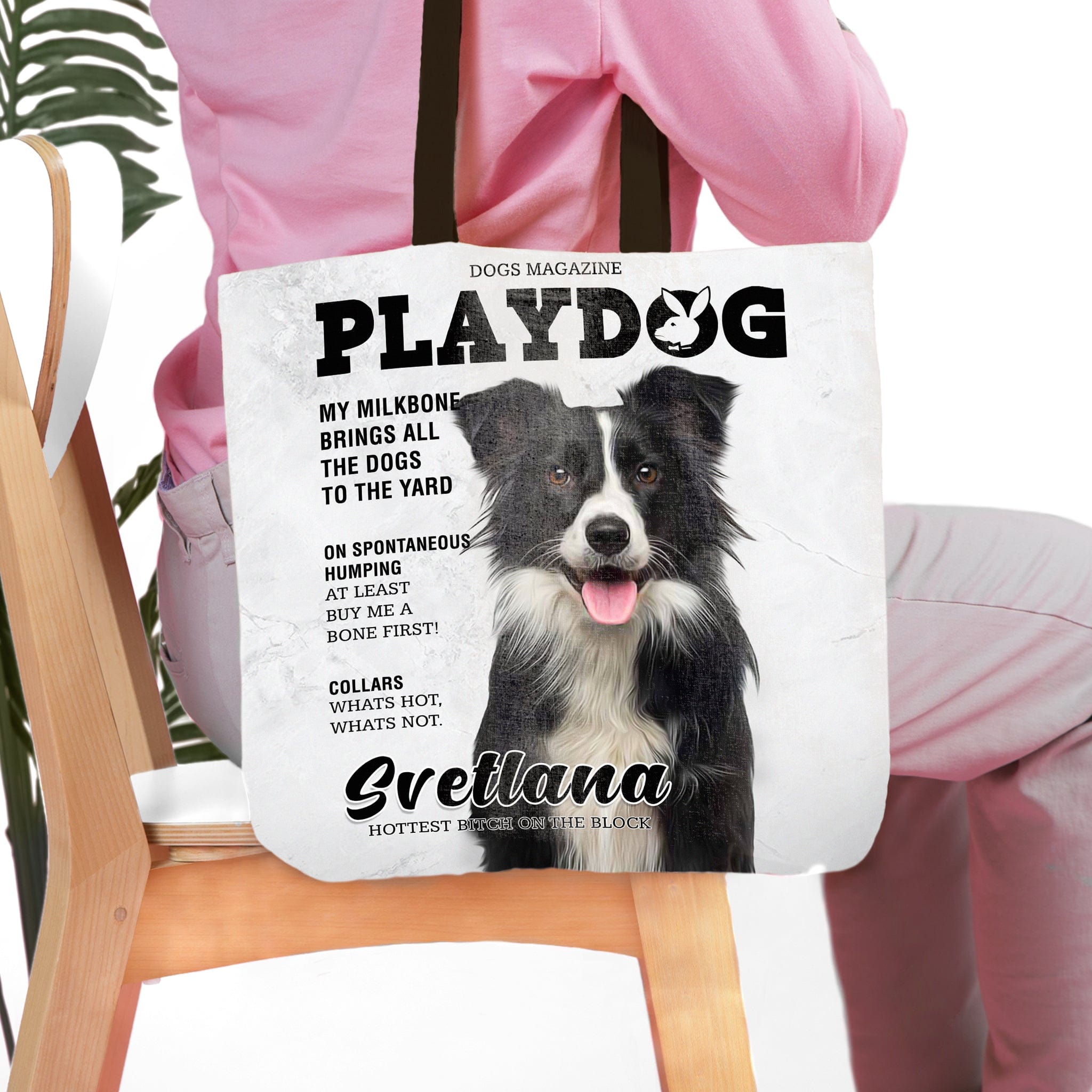 Personalized Playdog magazine cover tote bag featuring a custom portrait of a Border Collie.