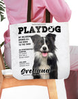 Personalized Playdog magazine cover tote bag featuring a custom portrait of a Border Collie.