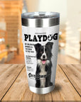 Personalized stainless steel tumbler with a custom Border Collie dog portrait in a magazine cover style.