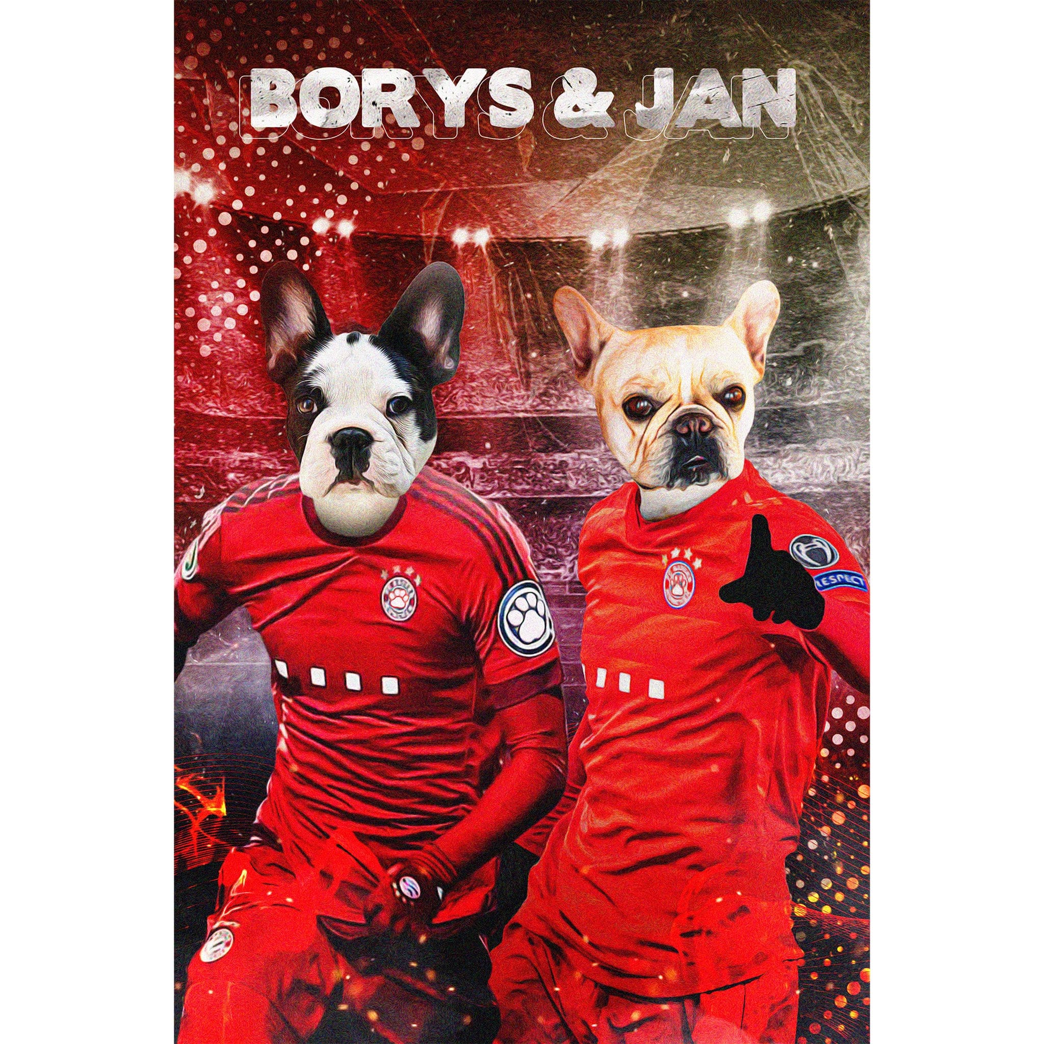 Personalized digital portrait of two French Bulldogs in red soccer uniforms with names "Borys & Jan".