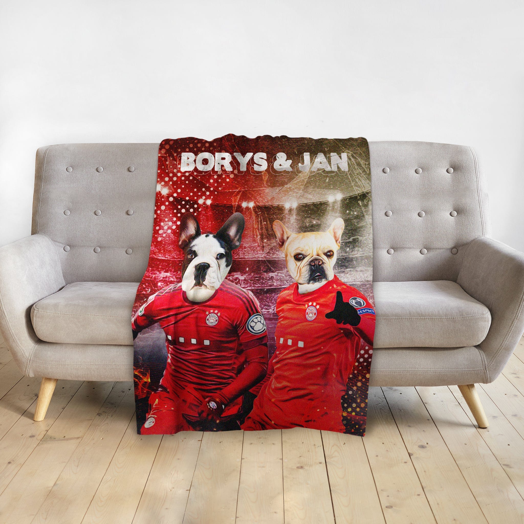 Personalized minky blanket with two French Bulldog pet portraits in red soccer jerseys, "Borys & Jan" text.