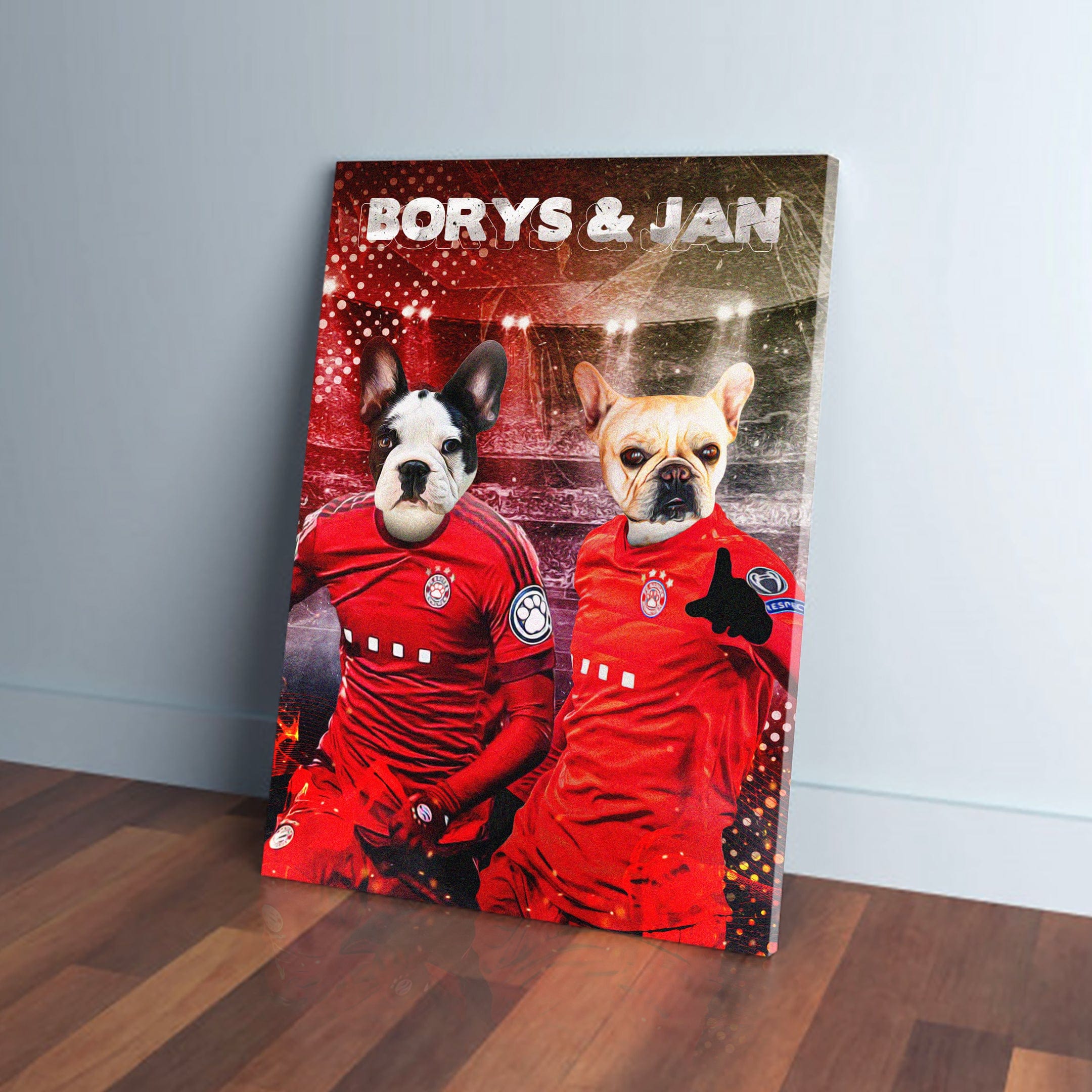 Personalized 'Poland Doggos' canvas featuring two pets in red soccer jerseys, named Borys & Jan.