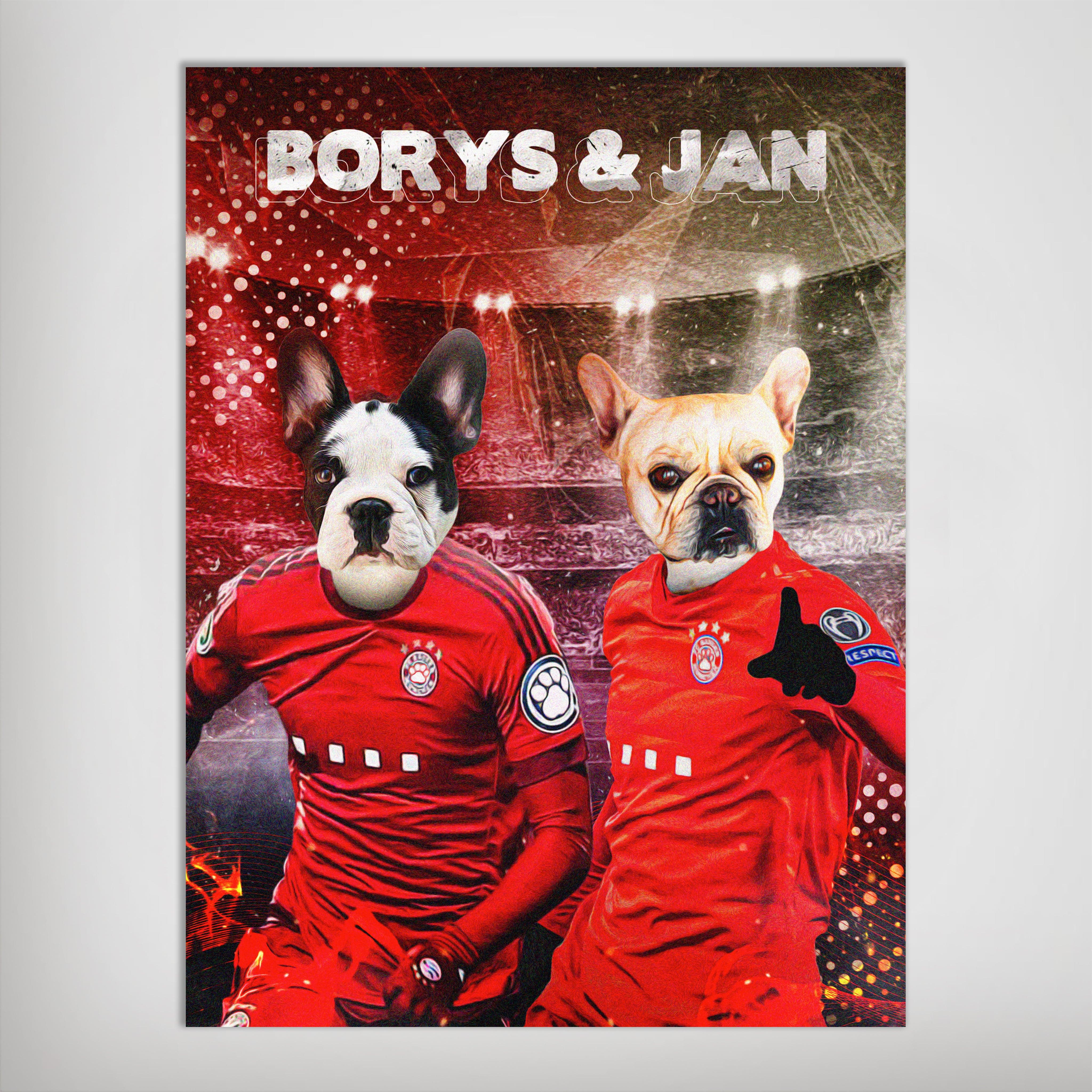 Personalized "Poland Doggos" poster featuring two dogs in red soccer jerseys against a stadium backdrop.