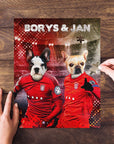 Personalized 2 pet puzzle featuring two dogs in red soccer jerseys with names "Borys & Jan".
