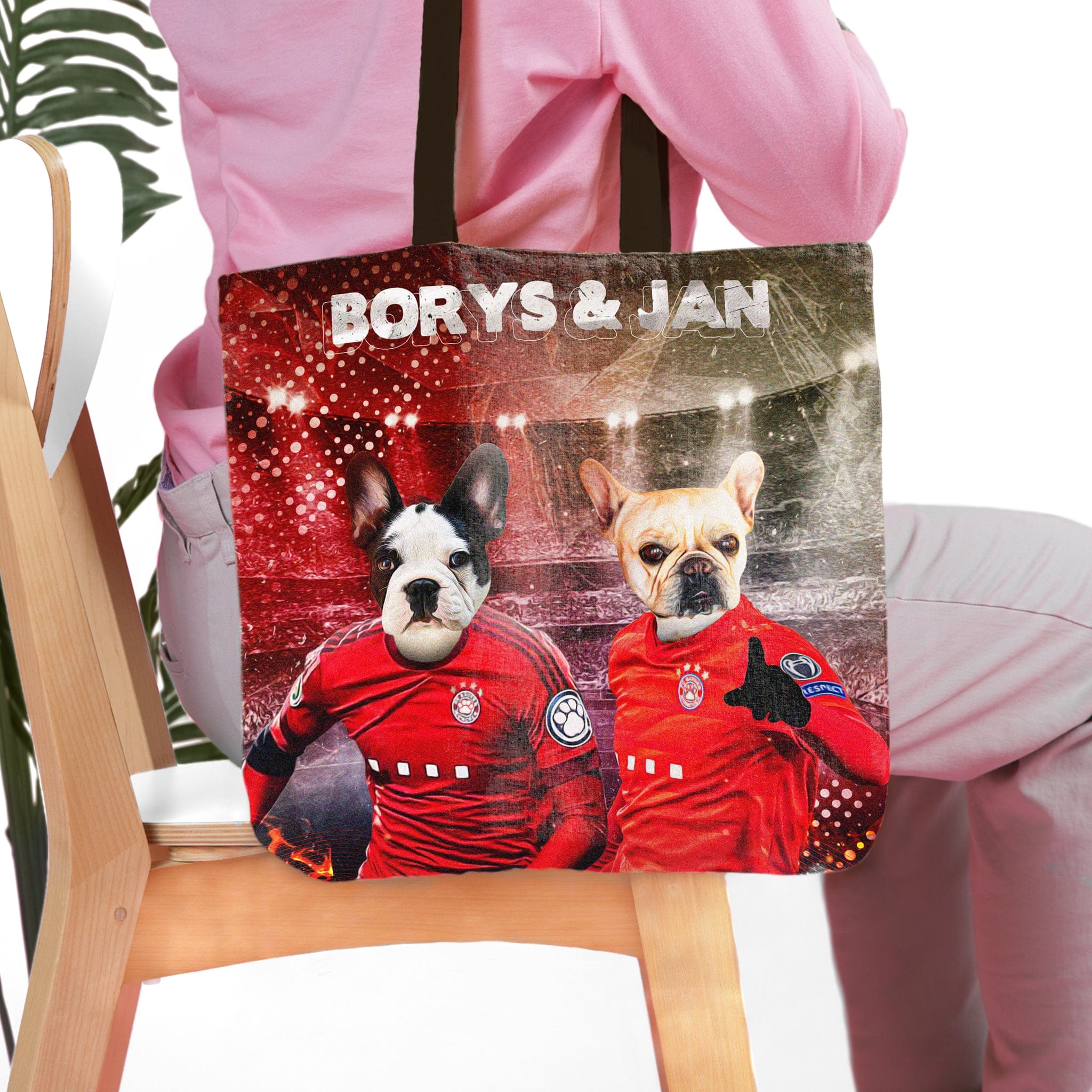 Personalized tote bag featuring two dogs in red soccer jerseys with names "Borys & Jan".