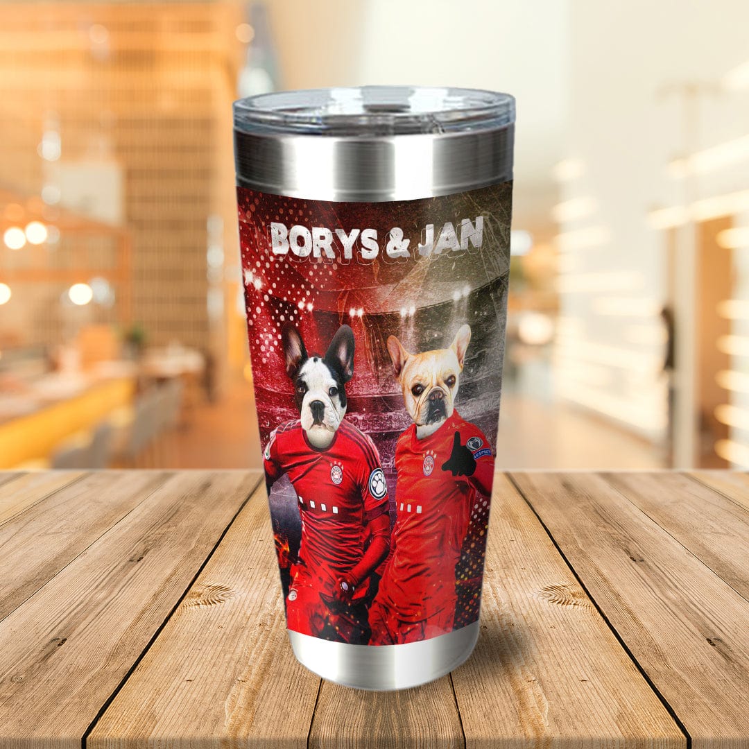Personalized stainless steel tumbler with two French bulldog pet portraits in red soccer jerseys.