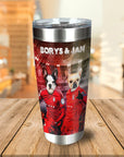 Personalized stainless steel tumbler with two French bulldog pet portraits in red soccer jerseys.
