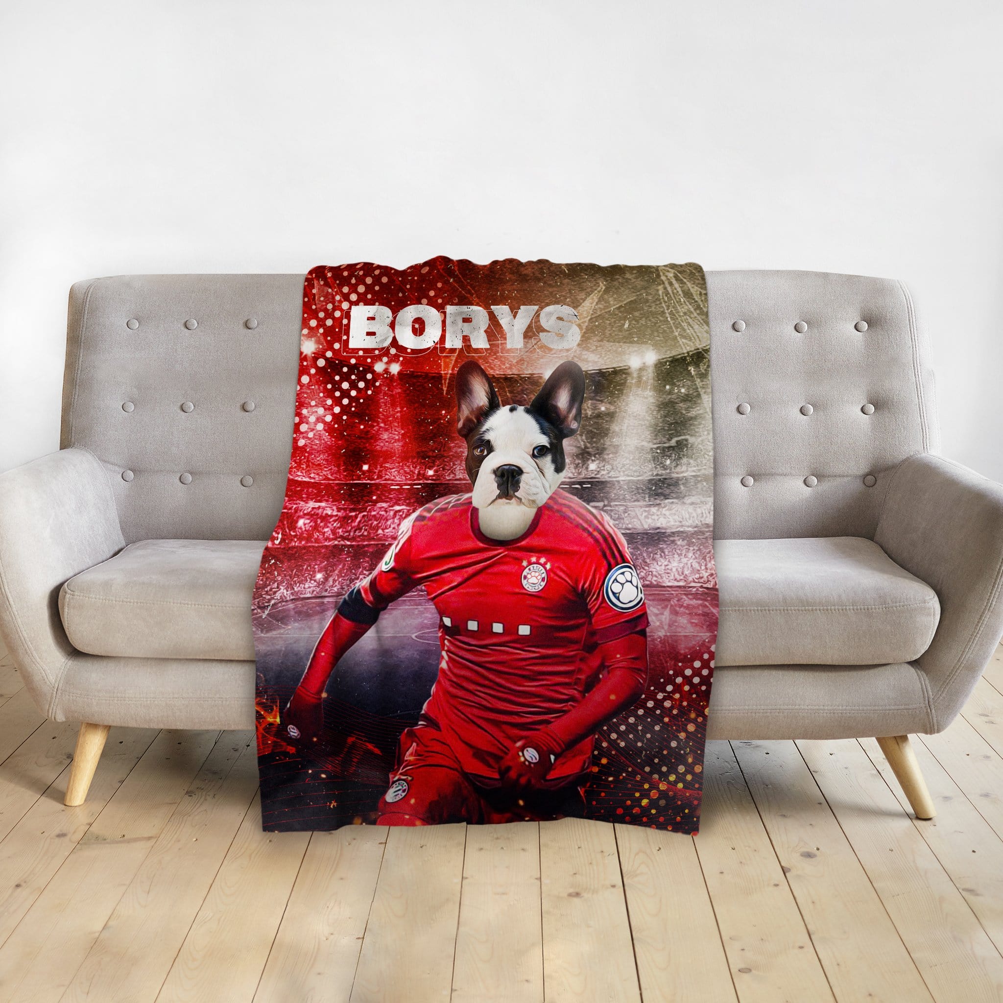 Personalized pet blanket featuring a French Bulldog's head on a soccer player's body in a red jersey.