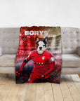 Personalized pet blanket featuring a French Bulldog's head on a soccer player's body in a red jersey.