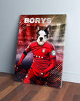 Personalized pet canvas featuring a French Bulldog's head on a soccer player's body in a red uniform.