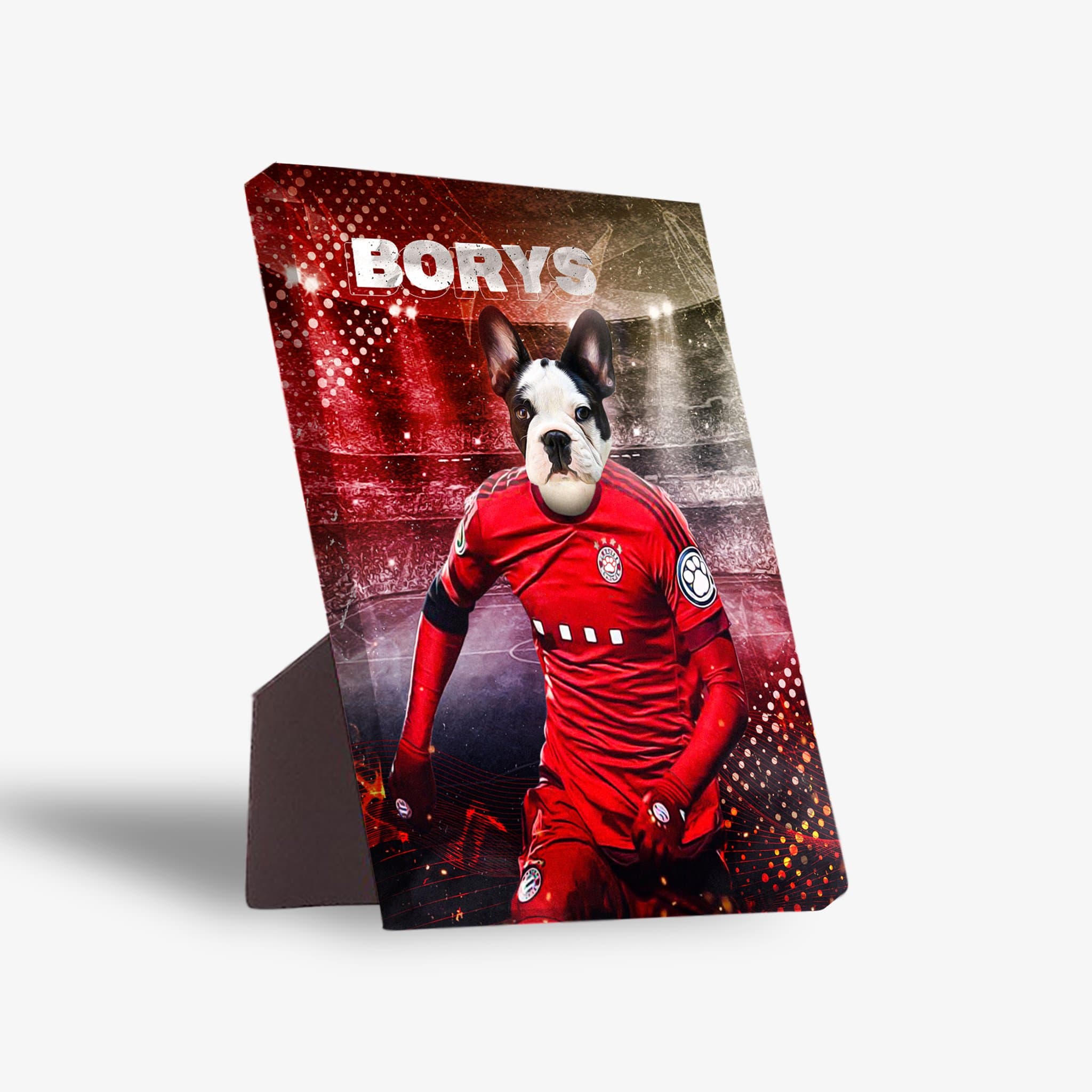 Personalized pet standing canvas featuring a French Bulldog in a red soccer jersey with "BORYS" above.