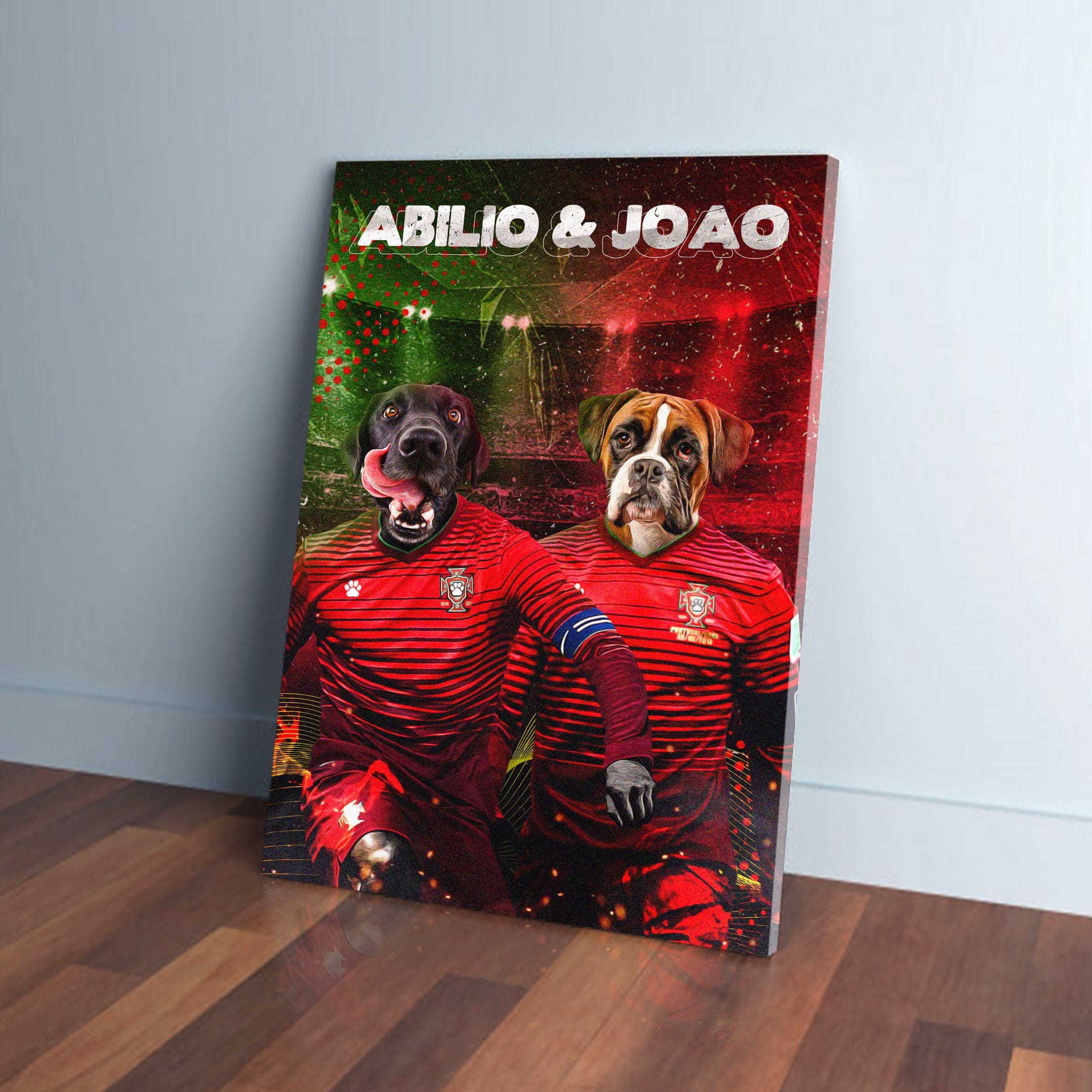 Personalized Portugal Doggos canvas featuring two pets in red soccer jerseys with names "ABILIO & JOAO".