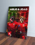 Personalized Portugal Doggos canvas featuring two pets in red soccer jerseys with names "ABILIO & JOAO".