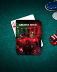 Personalized playing cards featuring two dogs in red soccer jerseys on a green felt table with chips and dice.