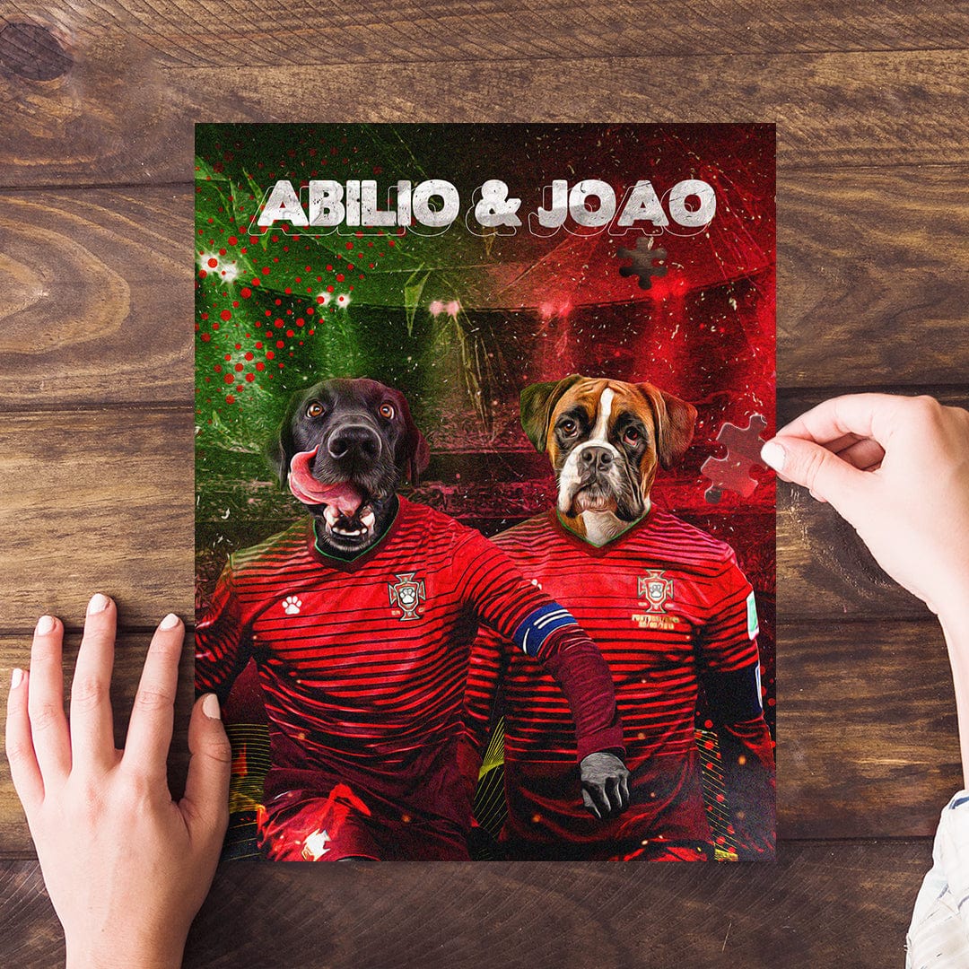 Custom Portugal Doggos personalized 2 pet puzzle featuring two dogs in soccer jerseys.