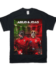 Black Gildan t-shirt with two dogs in red Portugal soccer jerseys, personalized with "ABILIO & JOAO".