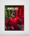 Custom pet poster featuring a black dog's head on a Portuguese soccer player's body in a red jersey, with "ABILIO" text.