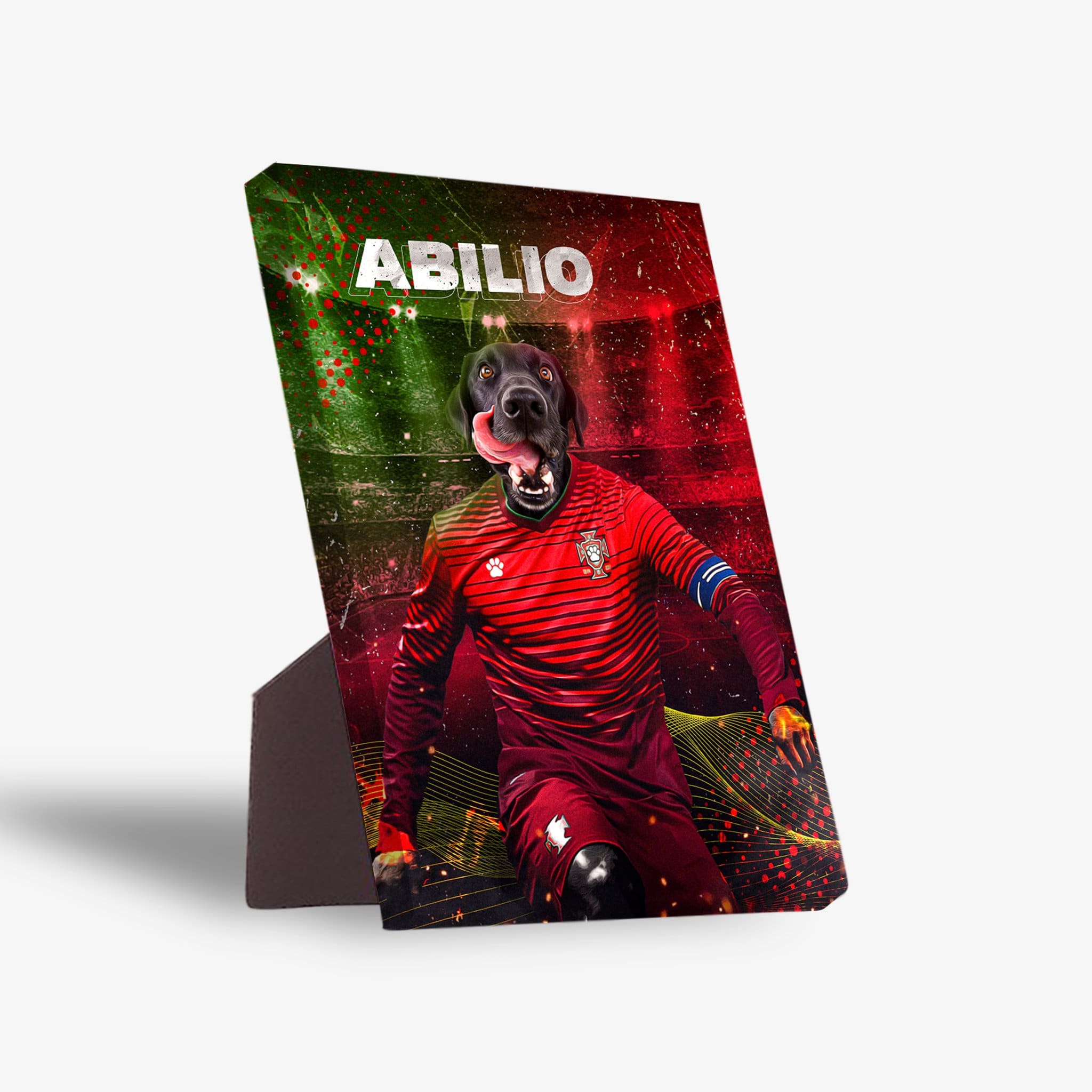 Personalized pet standing canvas featuring a black dog in a red Portugal soccer jersey, named ABILIO, against a vibrant red and green background.