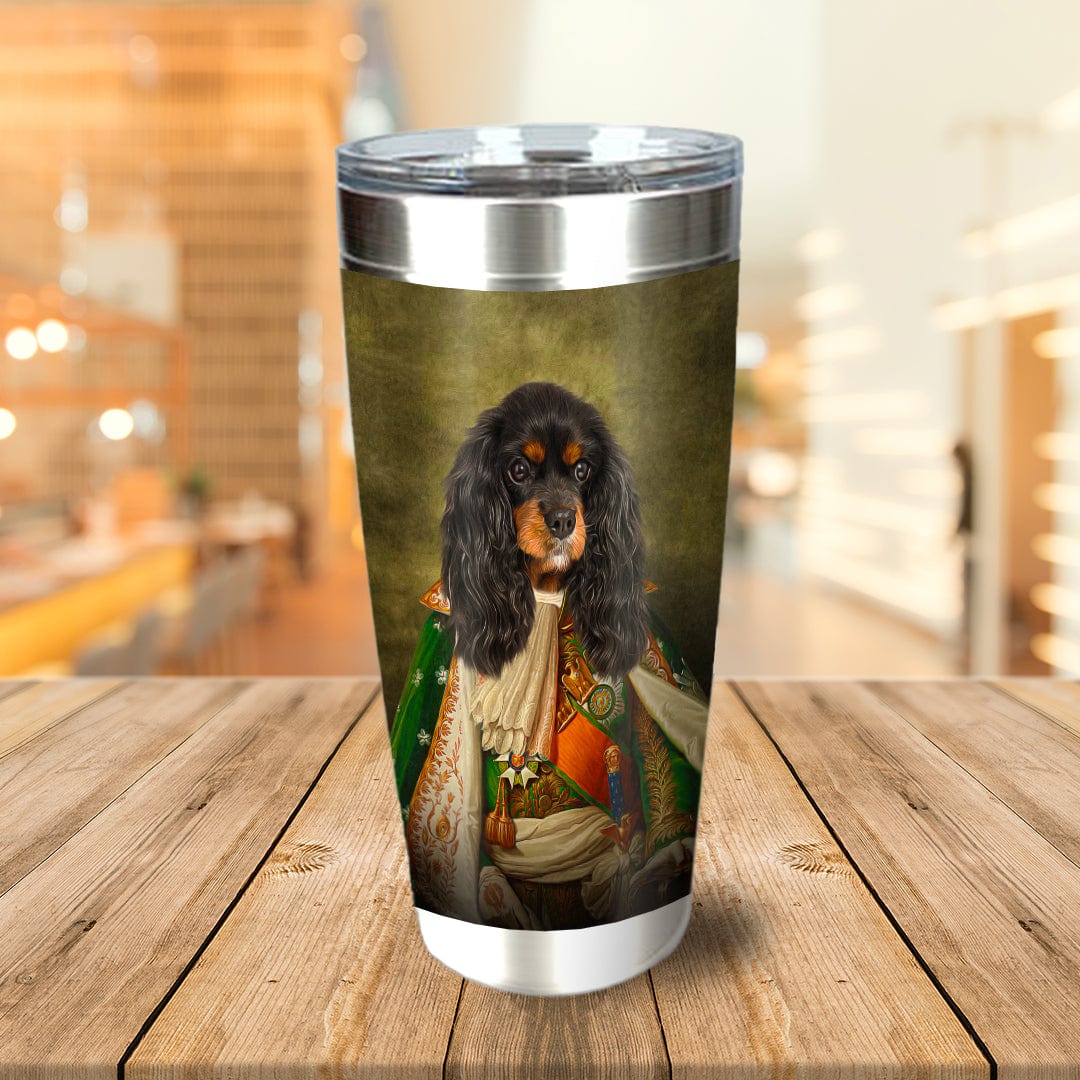 Personalized stainless steel tumbler with a custom royal renaissance portrait of a black and tan Cavalier King Charles Spaniel.