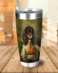 Personalized stainless steel tumbler with a custom royal renaissance portrait of a black and tan Cavalier King Charles Spaniel.