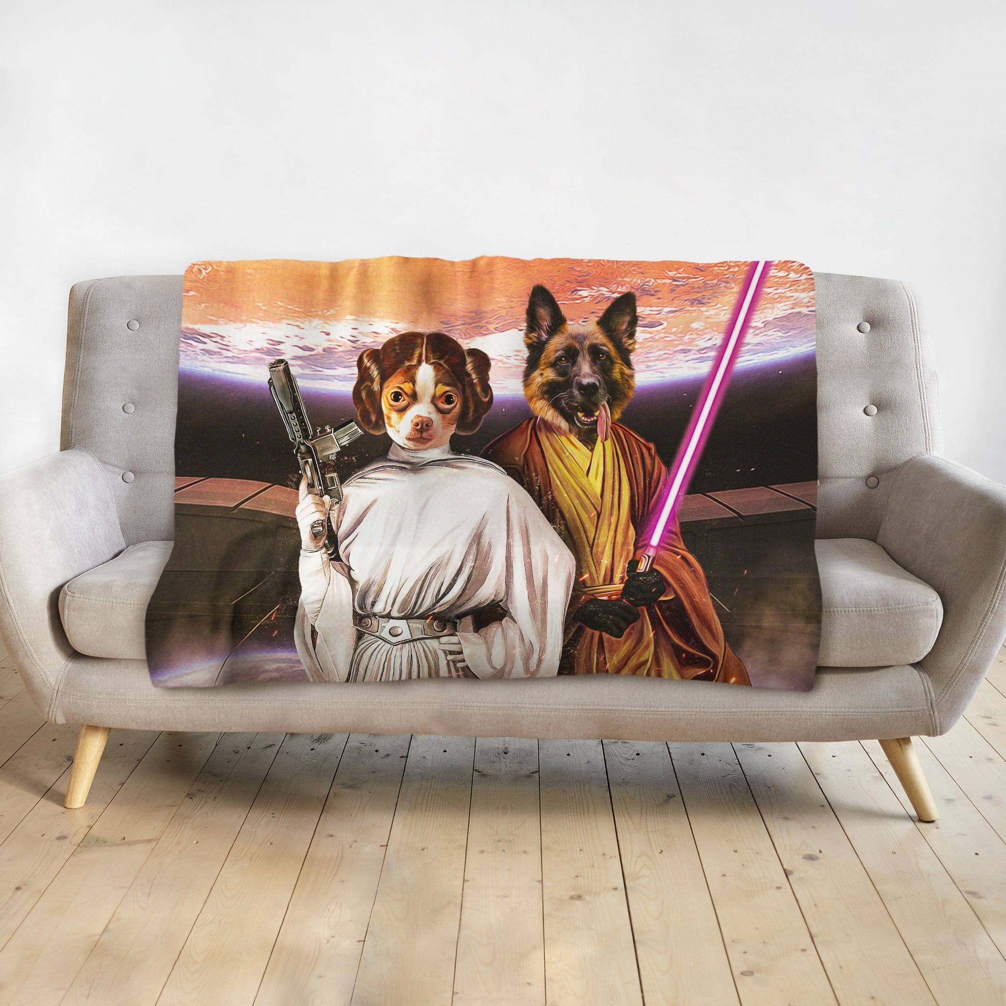 Custom personalized pet portrait blanket featuring two dogs as Princess Leia and a Jedi, with a space background.
