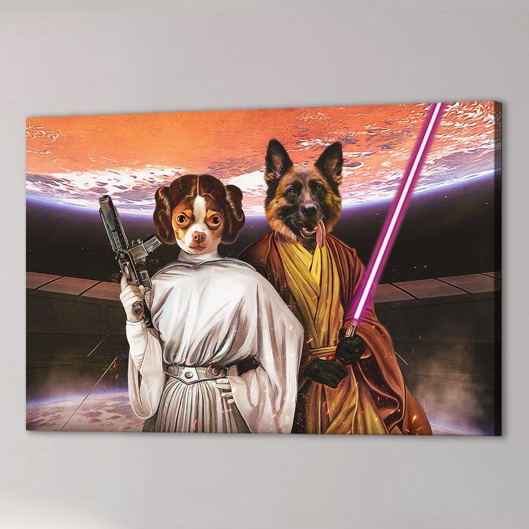 Custom pet canvas featuring a chihuahua as Princess Leia and a German Shepherd as a Jedi with a lightsaber.