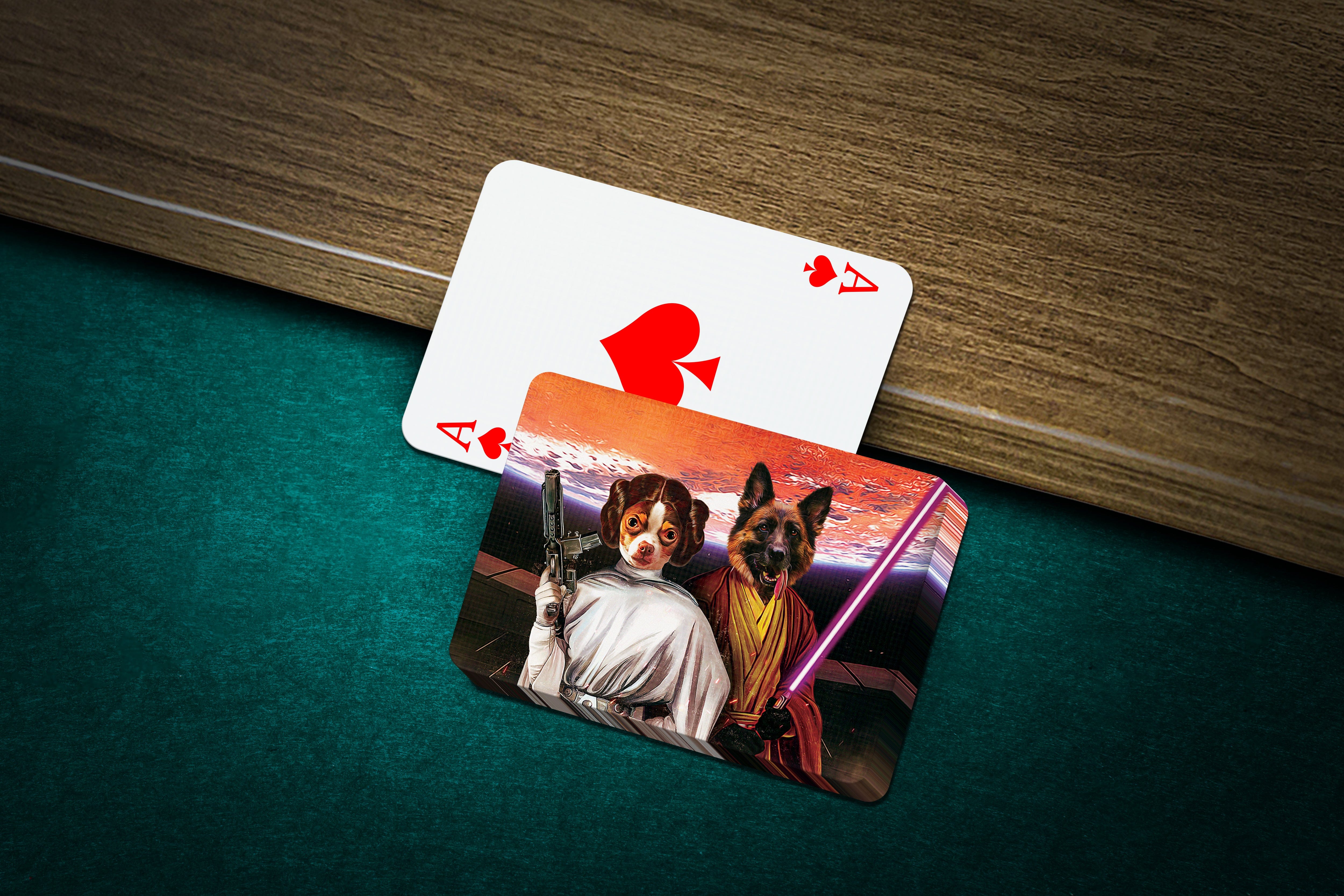 Custom personalized playing cards featuring two pets as Princess Leia and a Jedi dog.