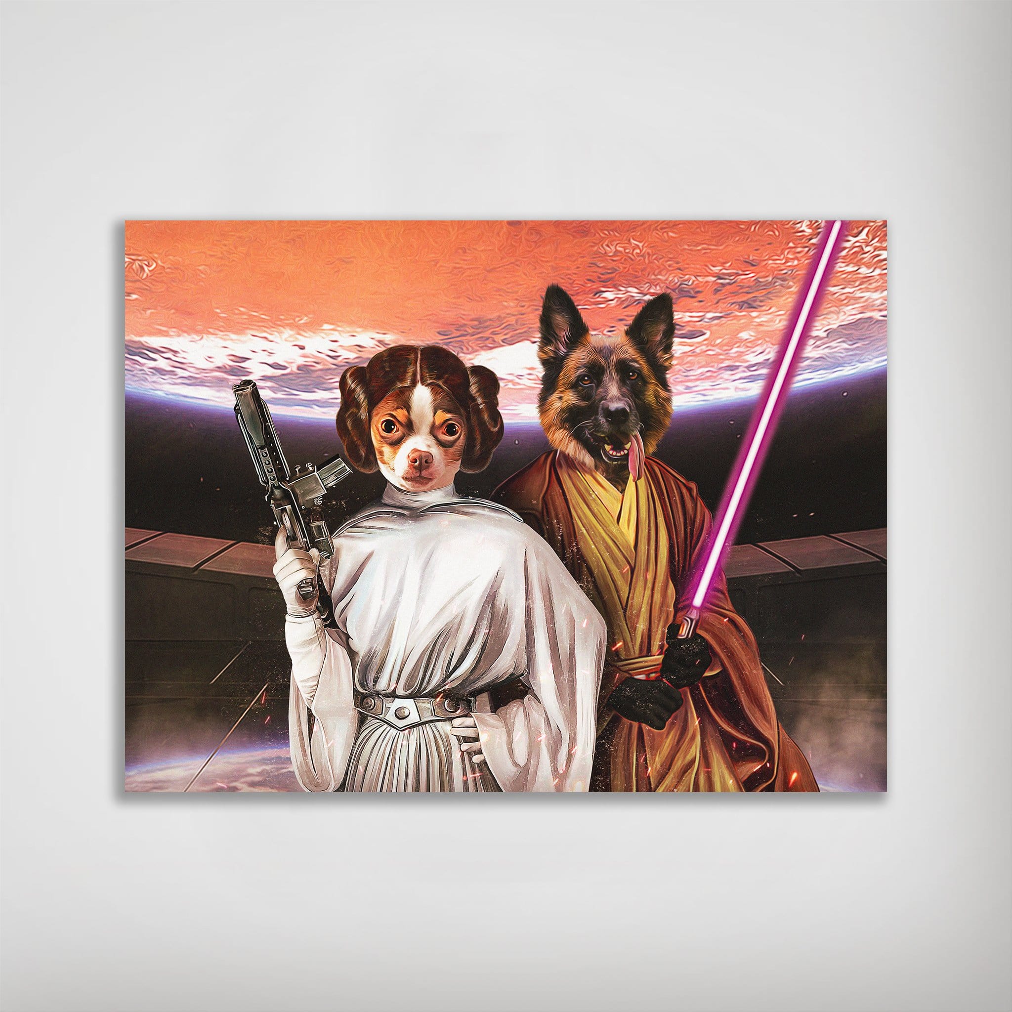 Custom matte poster featuring two pets dressed as Princess Leia and a Jedi with a purple lightsaber.