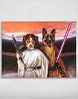 Custom matte poster featuring two pets dressed as Princess Leia and a Jedi with a purple lightsaber.