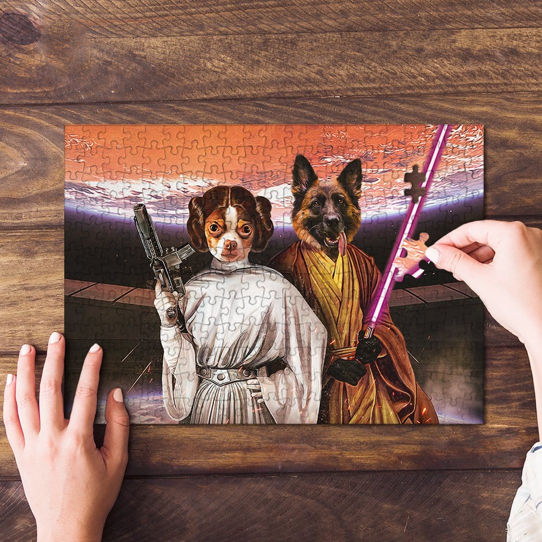 Personalized 2-pet puzzle featuring a Chihuahua as Princess Leia and a German Shepherd as a Jedi.